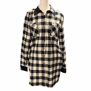 Simon Chang Buffalo Plaid Studded Faux Leather Collar and Cuffs Shirt Dress